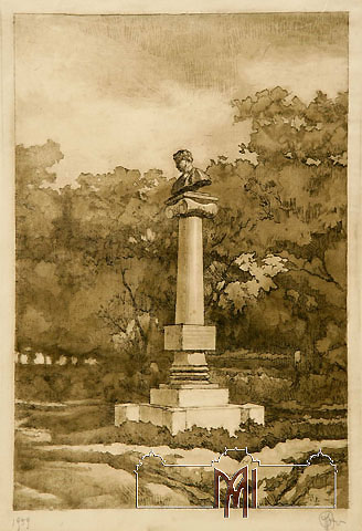 Grigore Fiurer (1886-1962) The monument of A. Pushkin in Chisinau, 1959, paper, etching, aquatint, 33,7x21,6cm