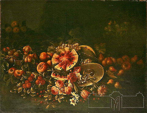 Ch. Berentz  (1658-1722); Germania. Flori şi fructe. Ulei, pânză, 103,8 x 133,5 cm