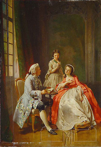 E. Accard (1824-1888), Franţa. Scenă în salon. Ulei, lemn, 35 x 24,5 cm