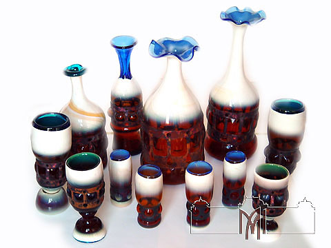 Filip Nutovici (1920-1996) Set decorativ „Jubiliar” din 12 piese, 1974. Sticlă sulfată, metal, suflare