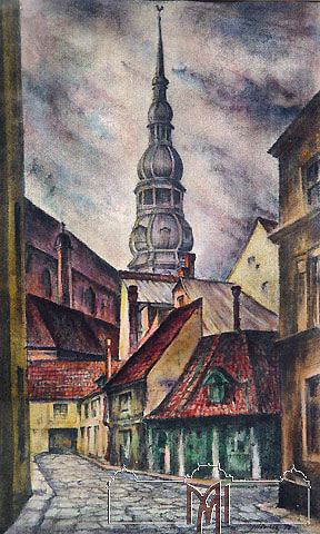 Victor Ivanov (1910-2007) Riga veche. Biserică catolică, 1978, hârtie, litografie, acuarelă, 53,9x36,0cm