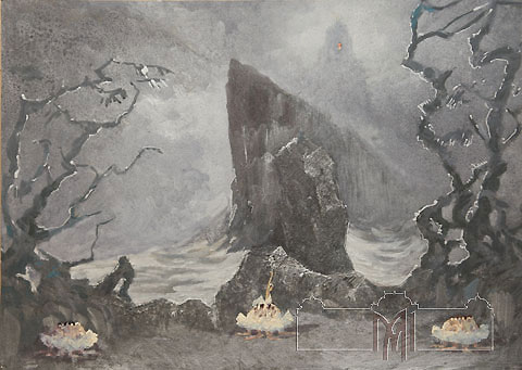 Constantin Lodzeiski (1913) Schiţă de decor la baletul „Lacul lebedelor” de P. Ceaikovski, 1973, carton, tempera, ulei, aplicaţie, 48,2x67,3cm