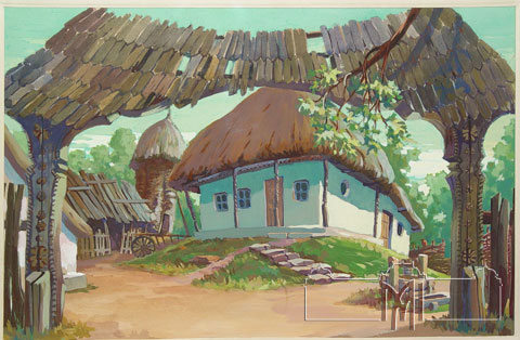 Anatolii Şubin (1913-1980) Schiţă de decor la spectacolul „Soacra cu 3 nurori” de I. Creangă, 1957, hârtie, acuarelă, 39,0x59,0cm
