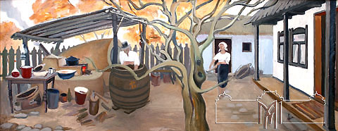 Aurelia Roman (1933) The yard of Vieru. Décor sketch for the movie The endless month of July 1983, cardboard, oil, 49,5x124,0cm
