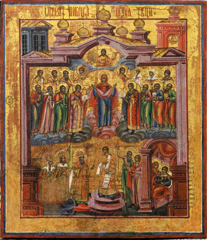 „Acoperământul Maicii Domnului”, sec. XIX. Lemn, tempera, aurire, 35,6 x 30,9 cm