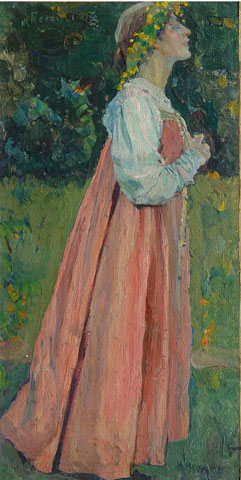 M. V. Nesterov (1862-1942). Domnişoară în roz, 1921. Ulei, pânză, carton, 40,2 x 21,4 cm.